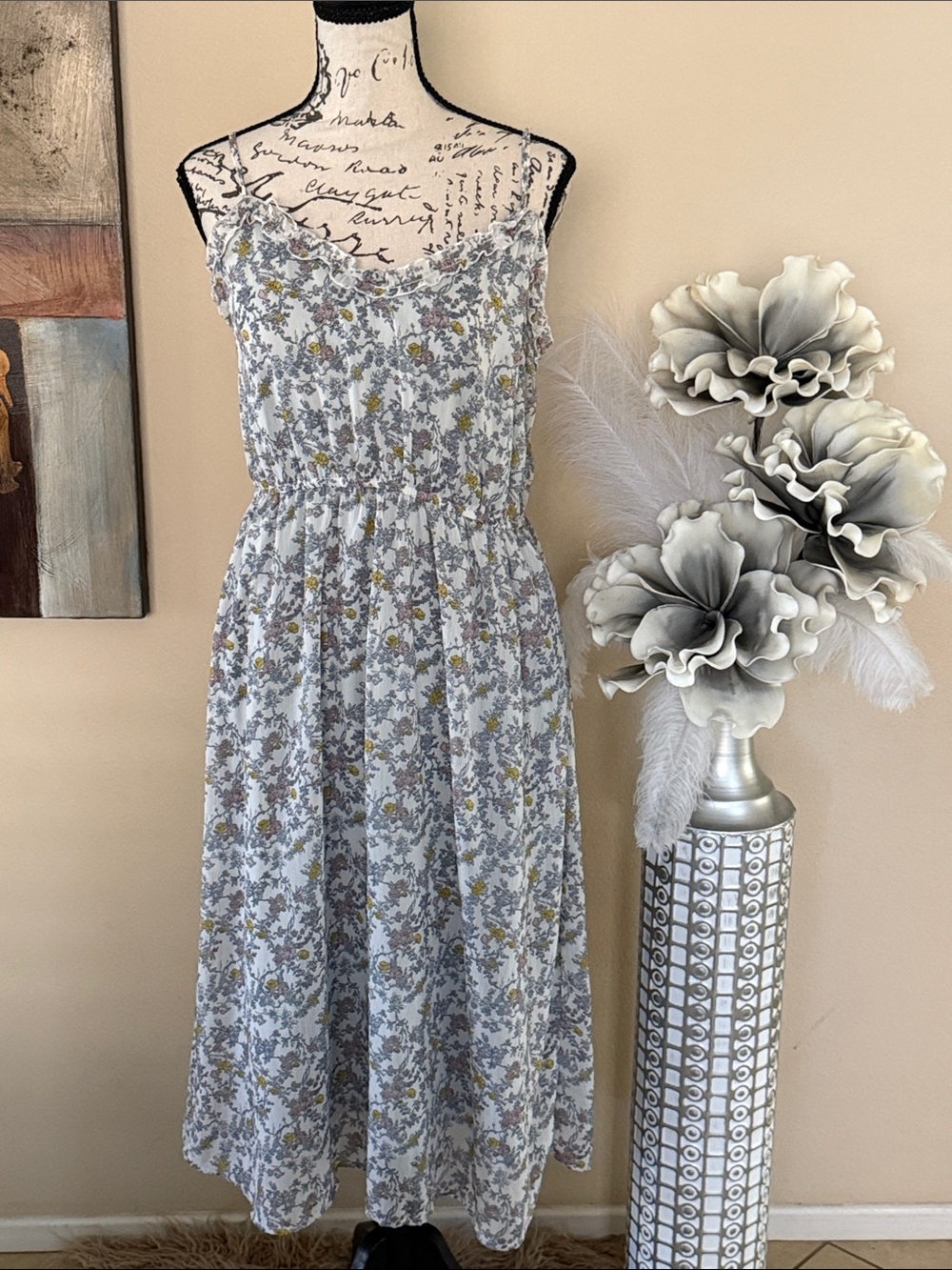 wild fable White Floral Midi Dress with Gray and Yellow Accents